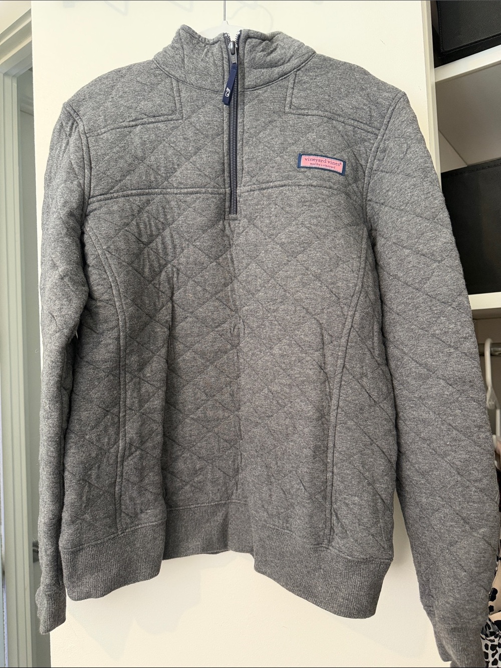Vineyard Vines Quilted Half-Zip Pullover - Gray with Pink Logo